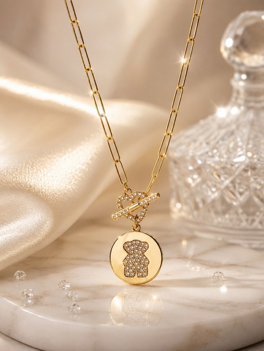 18K PVD Gold Plated Paperclip Chain Bear Charm Toggle Necklace Coquette 15.5"